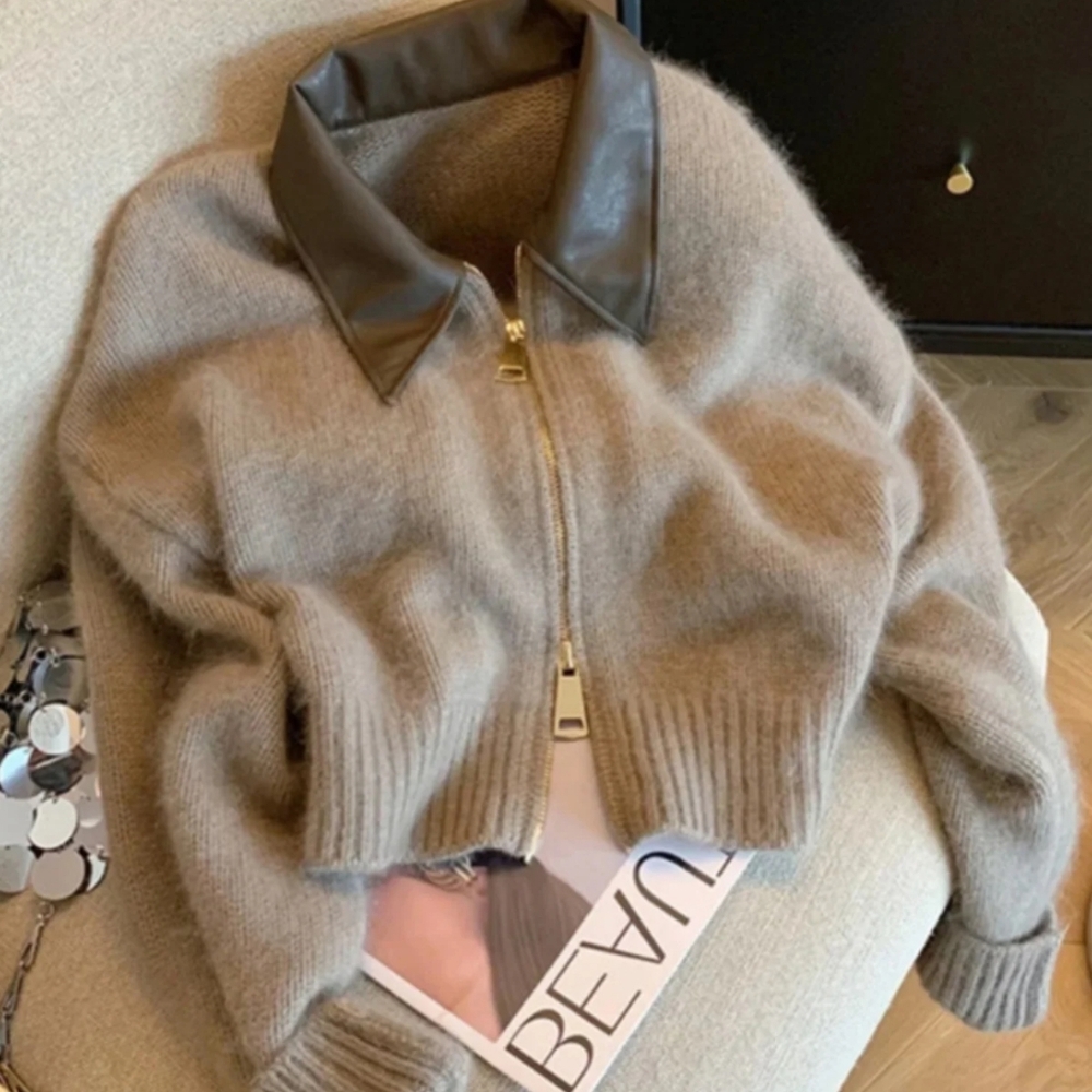 Collar Knit Sweater Fashion Double Zipper Cardigan - Picture 1 of 8